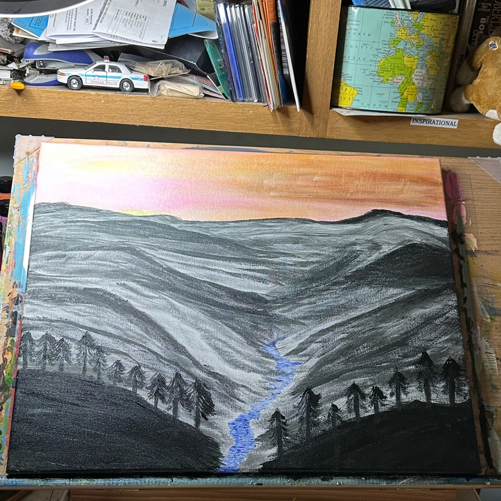 Mountain Landscape Painting with Pink Sky and Blue Stream